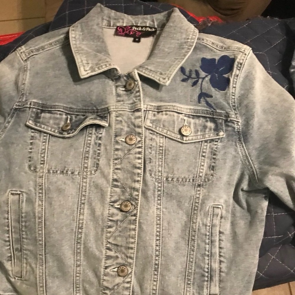 Peck & Peck Light Blue Jean Jacket with Navy Floral Accent